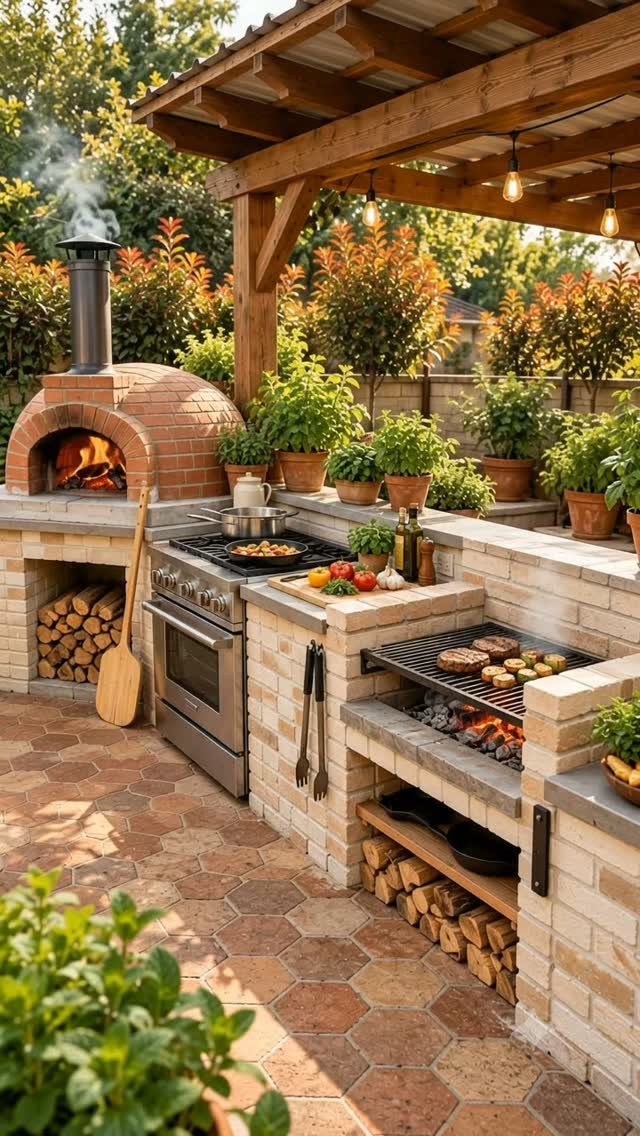 Backyard Barbeque Design: 12 BBQ Island Ideas for Outdoor Cooking 4 Brick pizza oven and stainless steel grill in a stone outdoor kitchen setup.