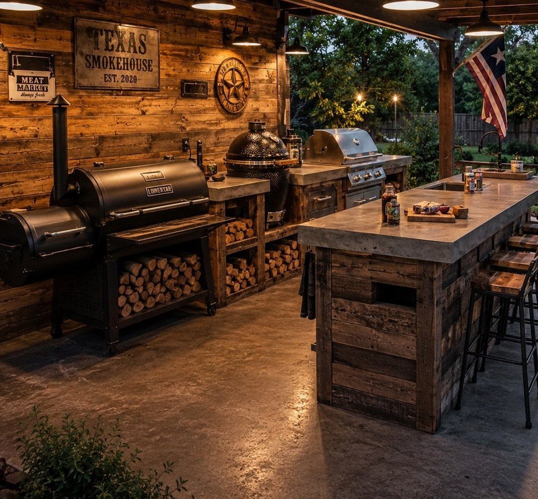 Backyard Barbeque Design: 12 BBQ Island Ideas for Outdoor Cooking 12 Rustic outdoor kitchen with wood-framed grills, a concrete bar, and stacked firewood under a wooden structure.