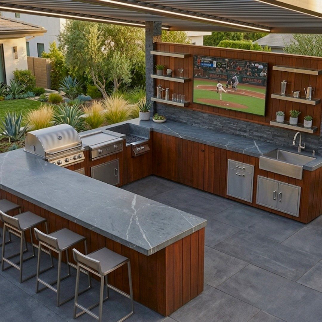 Backyard Barbeque Design: 12 BBQ Island Ideas for Outdoor Cooking 10 Outdoor kitchen featuring a U-shaped stone countertop, wooden cabinets, built-in grill, and a television under a pergola.