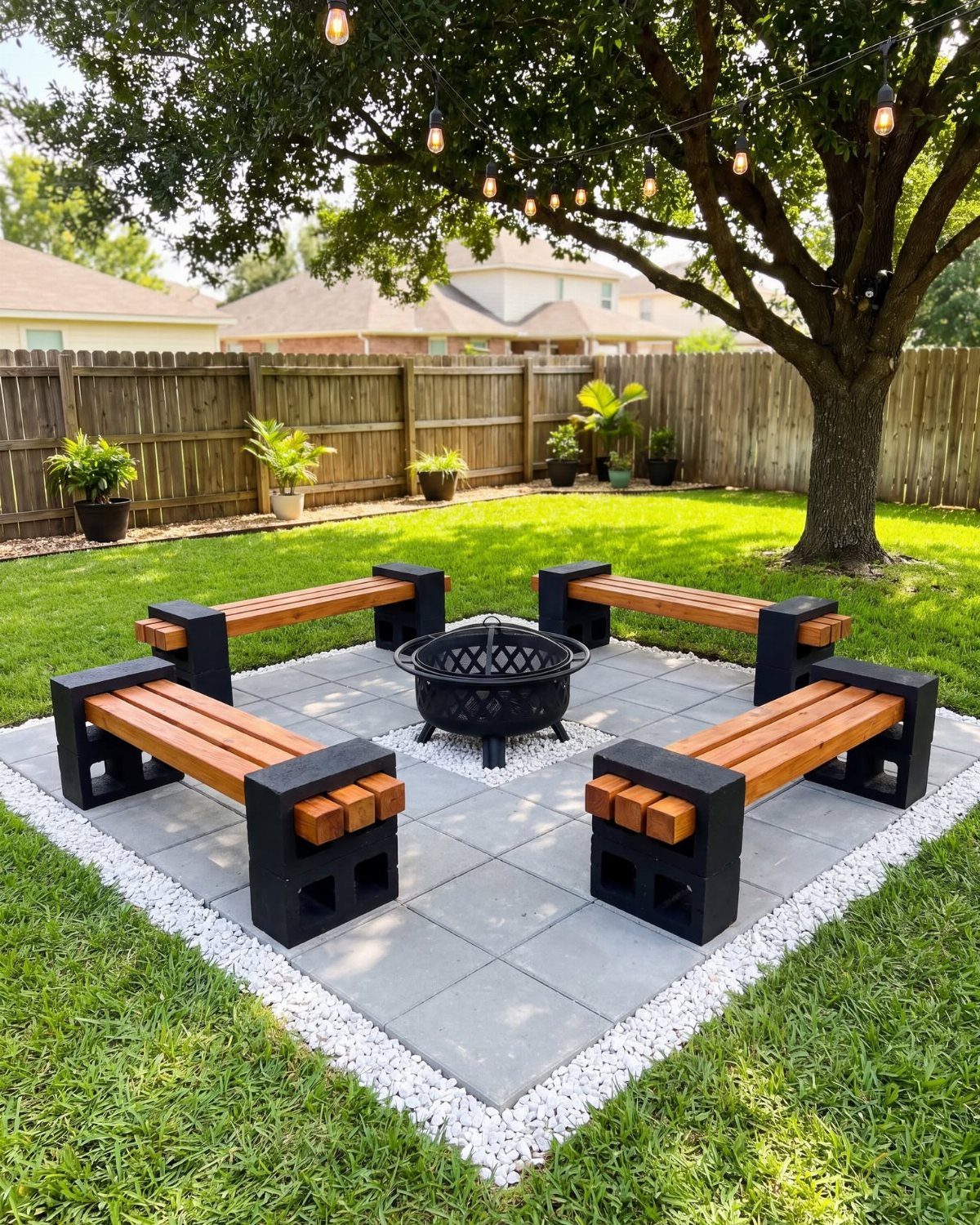 13 Backyard Entertaining Area Ideas for Every Season 2 Four wooden benches arranged around a black metal fire pit on a stone patio.