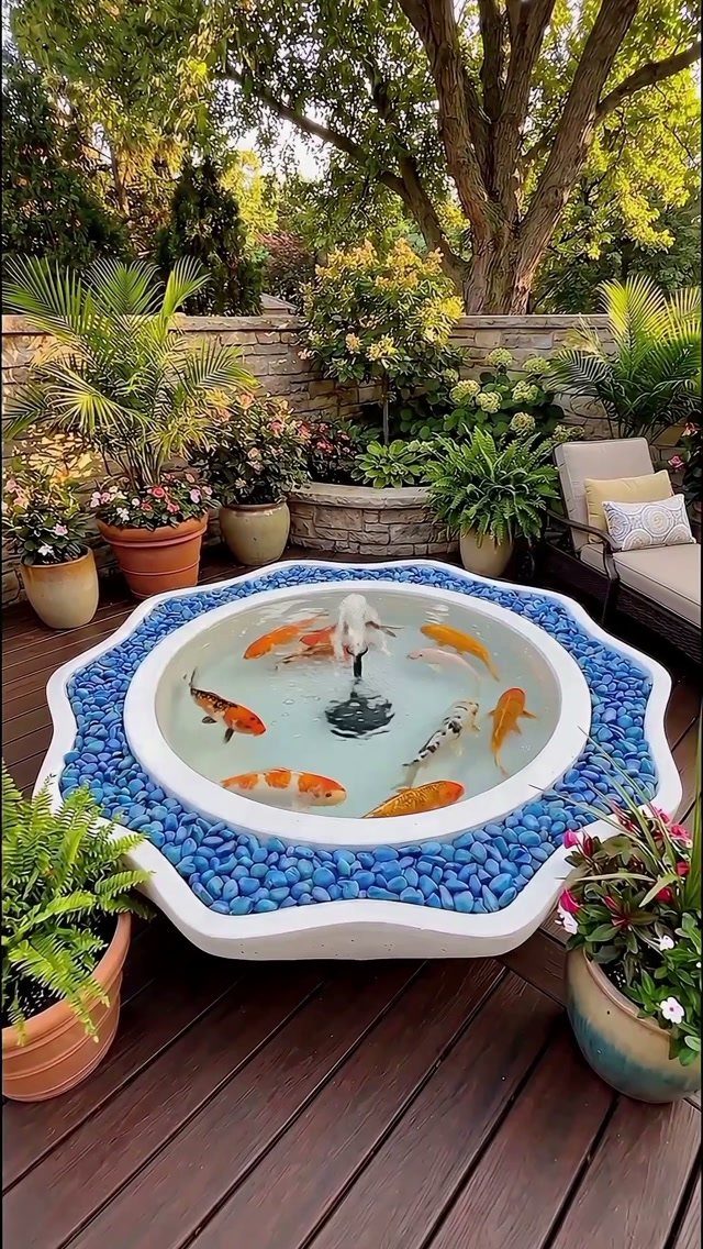 13 Backyard Entertaining Area Ideas for Every Season 8 A white scalloped koi pond with blue pebbles and orange fish on a wooden deck.