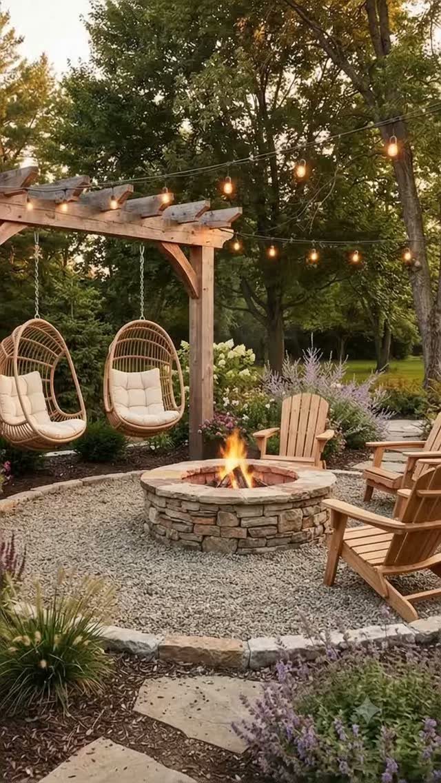 Stone fire pit with a burning flame surrounded by wooden chairs and garden landscaping.