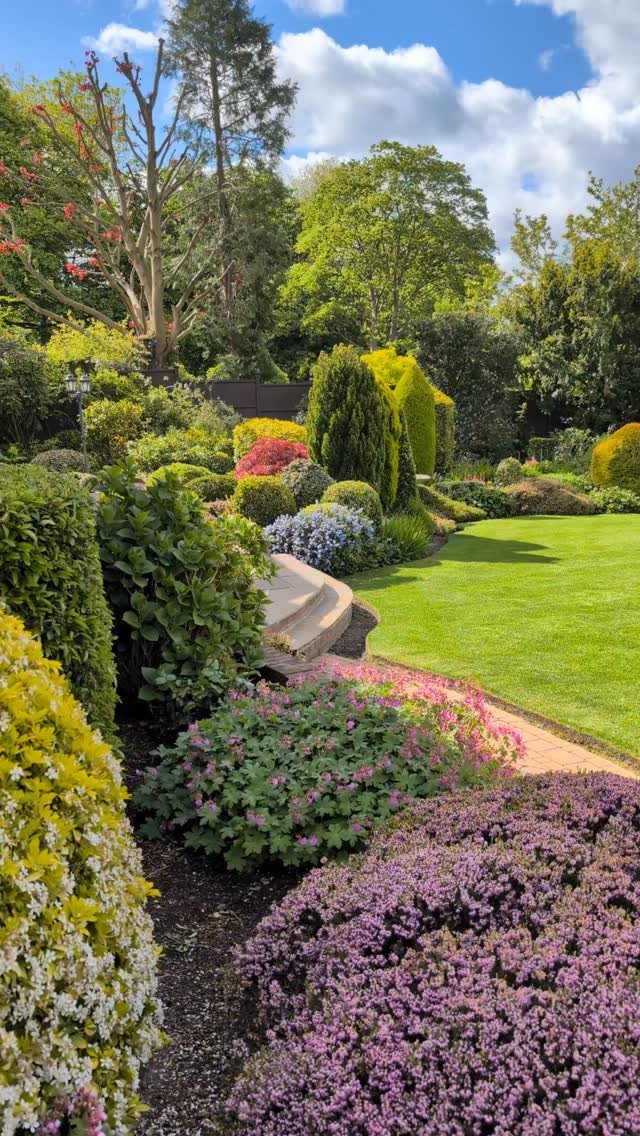 Lush backyard garden with colorful flowering shrubs, green lawns, and tall trees under a blue sky.