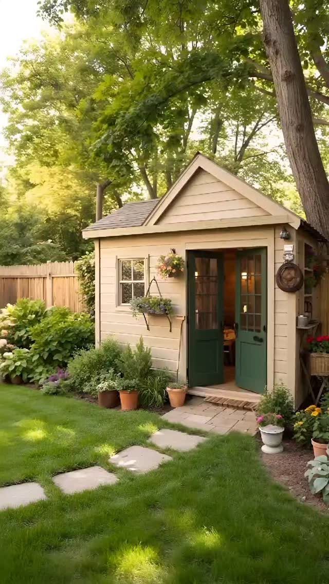 A tan wooden garden shed with green doors nestled among lush green plants and grass.
