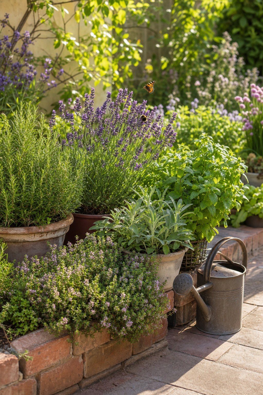 Lush culinary herbs growing in terracotta pots and a brick planter next to a metal watering can.