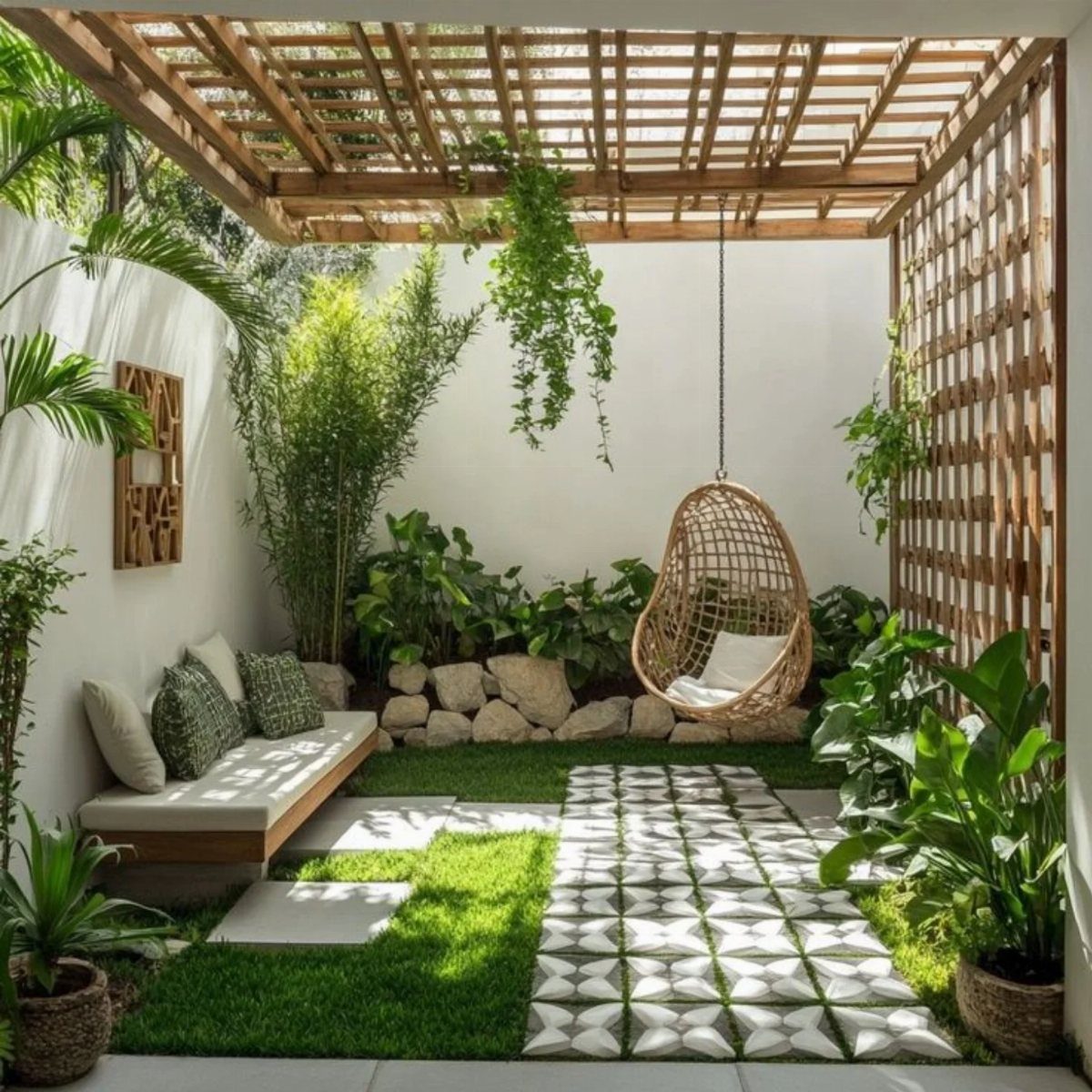 Wooden pergola covering a modern courtyard with a hanging egg chair and lush green plants.