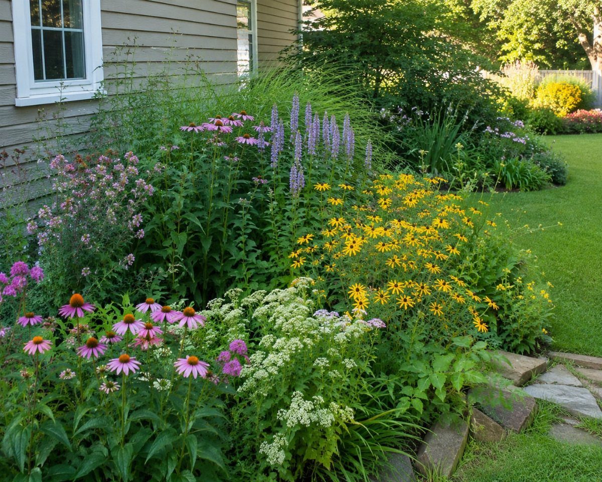 Wildflowers including purple coneflowers and yellow black-eyed Susans blooming in a lush garden bed.
