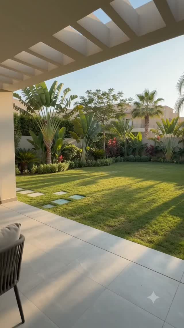 Lush tropical garden with a green lawn, palm trees, and a stone patio under a pergola.