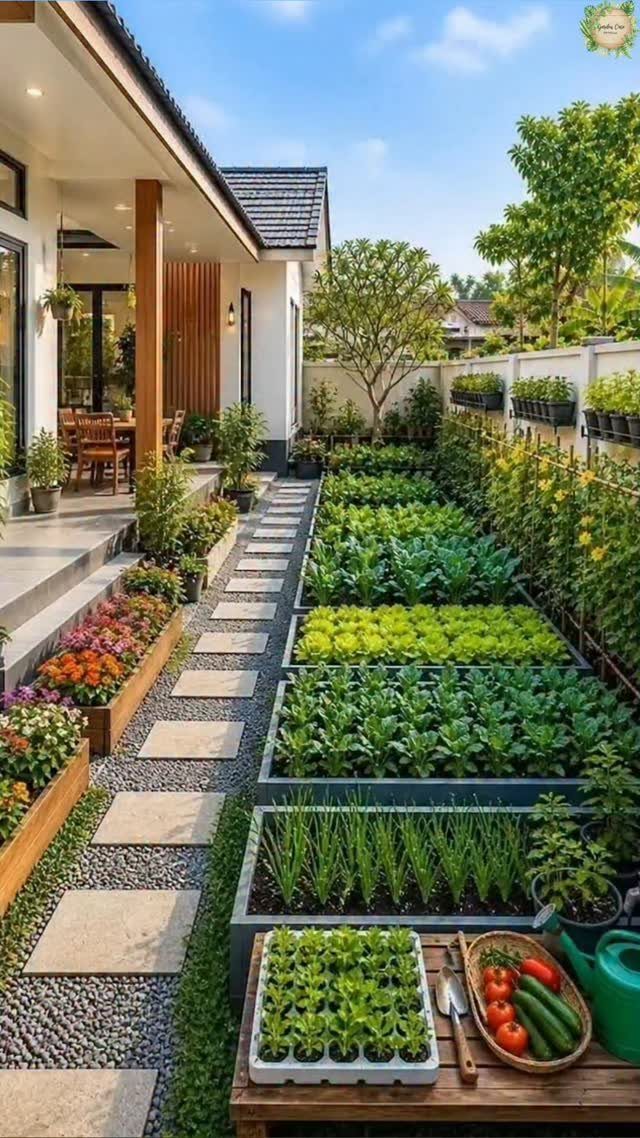 Rows of rectangular raised garden beds filled with lush green vegetables next to a stone walkway.