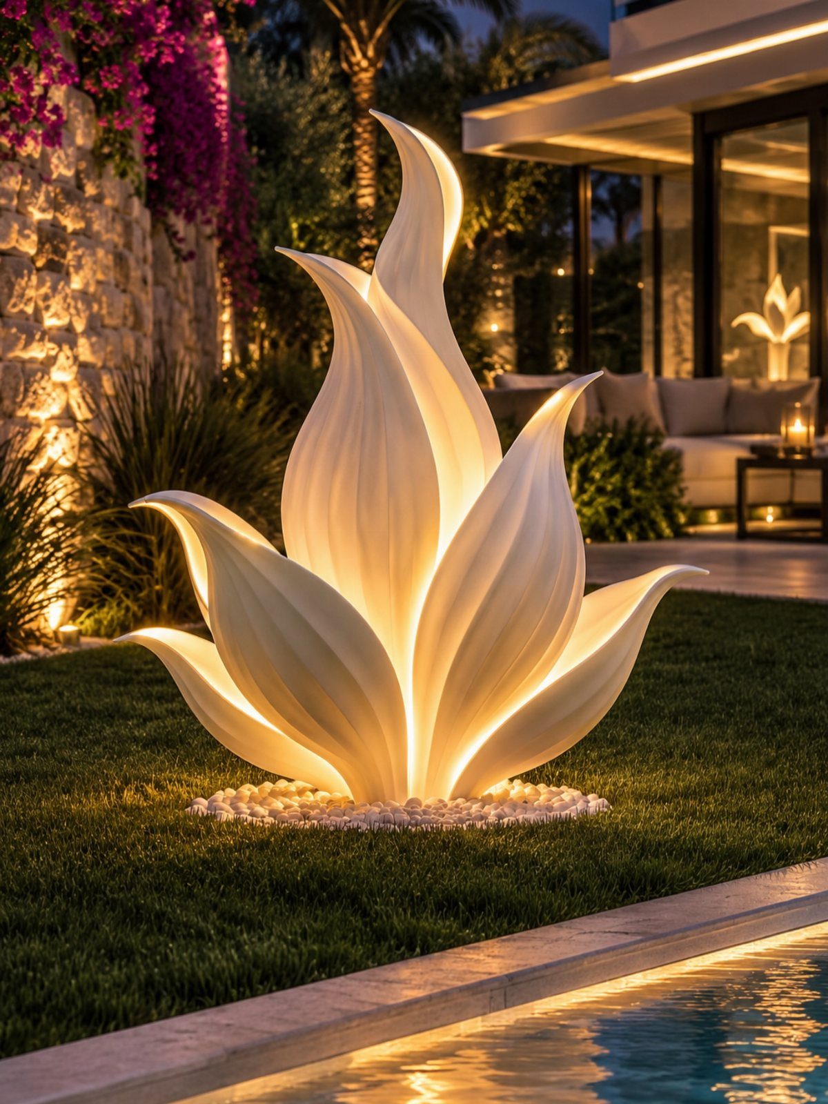 Large glowing white floral sculpture sitting on a bed of white stones in a lush green lawn.