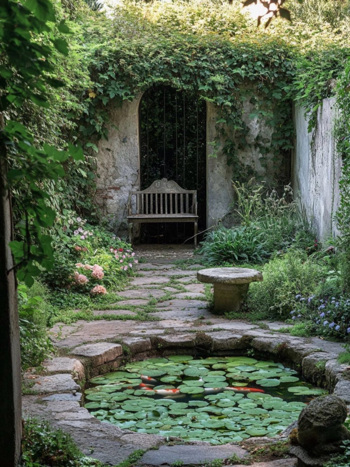 Stone pathway winding through a lush garden toward an ivy-covered archway and a lily pond.