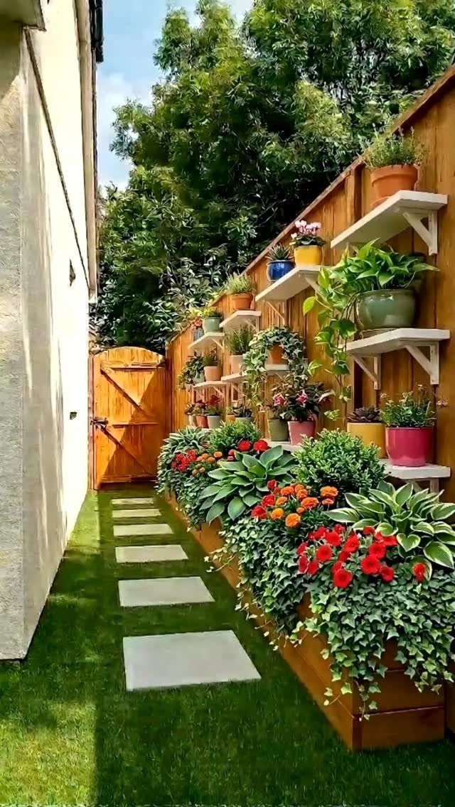 Tiered white shelves with potted plants mounted on a wooden fence above a flower bed.