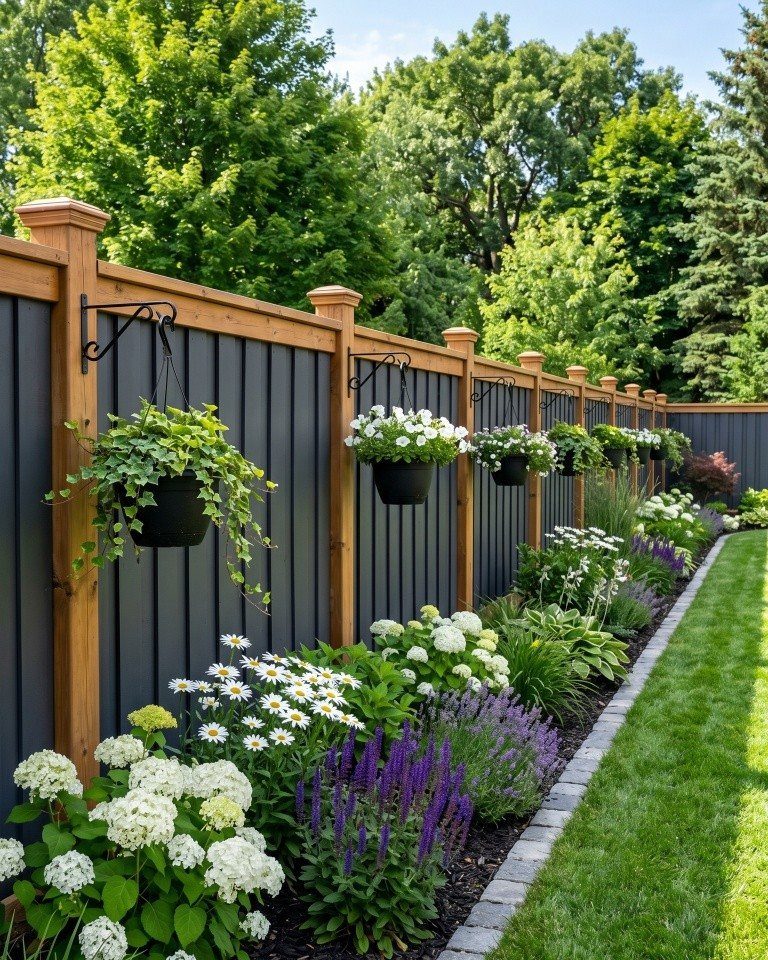 Dark grey vertical slat fence with wooden posts and hanging flower pots along a garden bed.