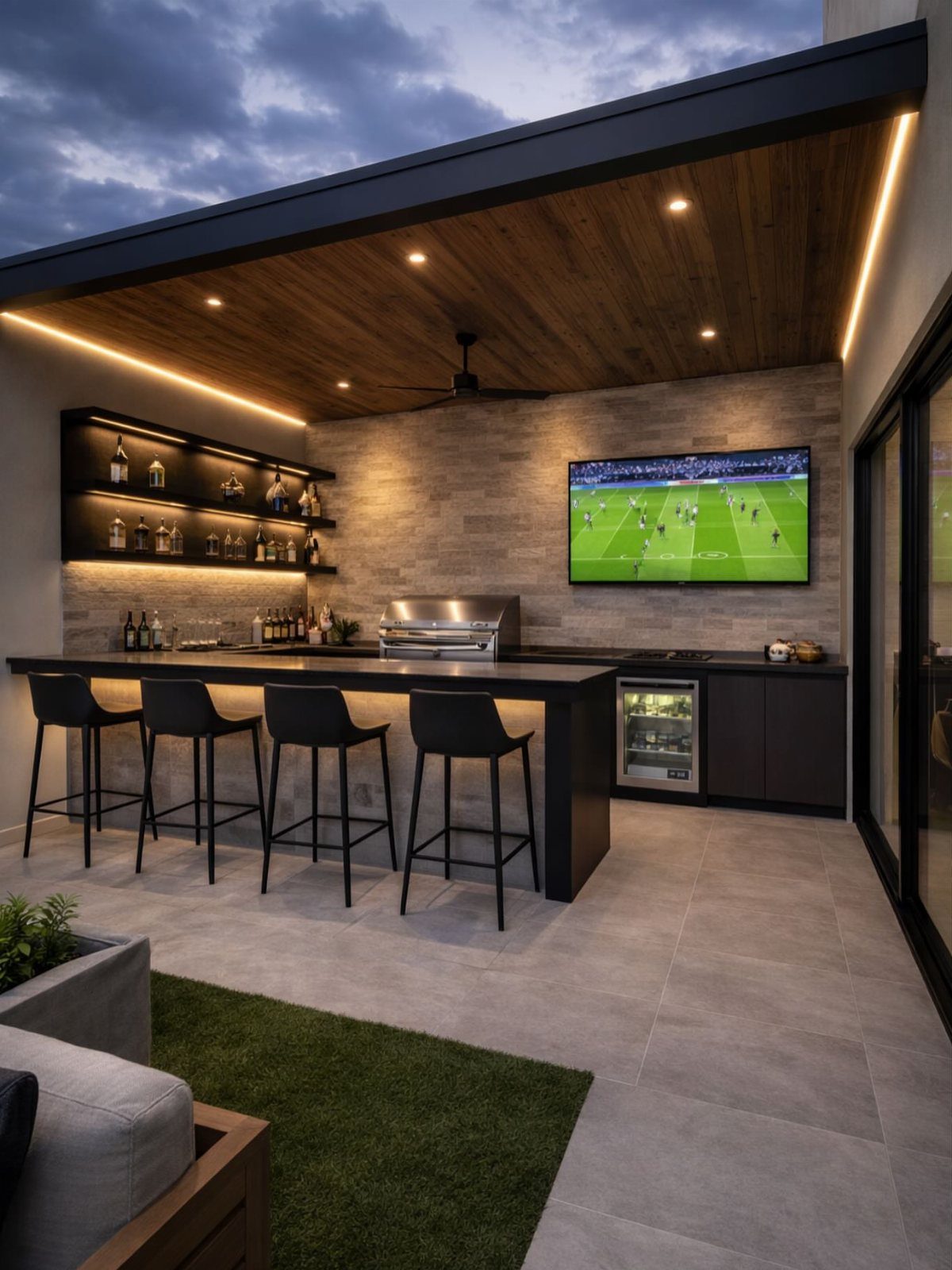 Modern outdoor bar area with black counter, four stools, built-in grill, and a television under a wooden ceiling.