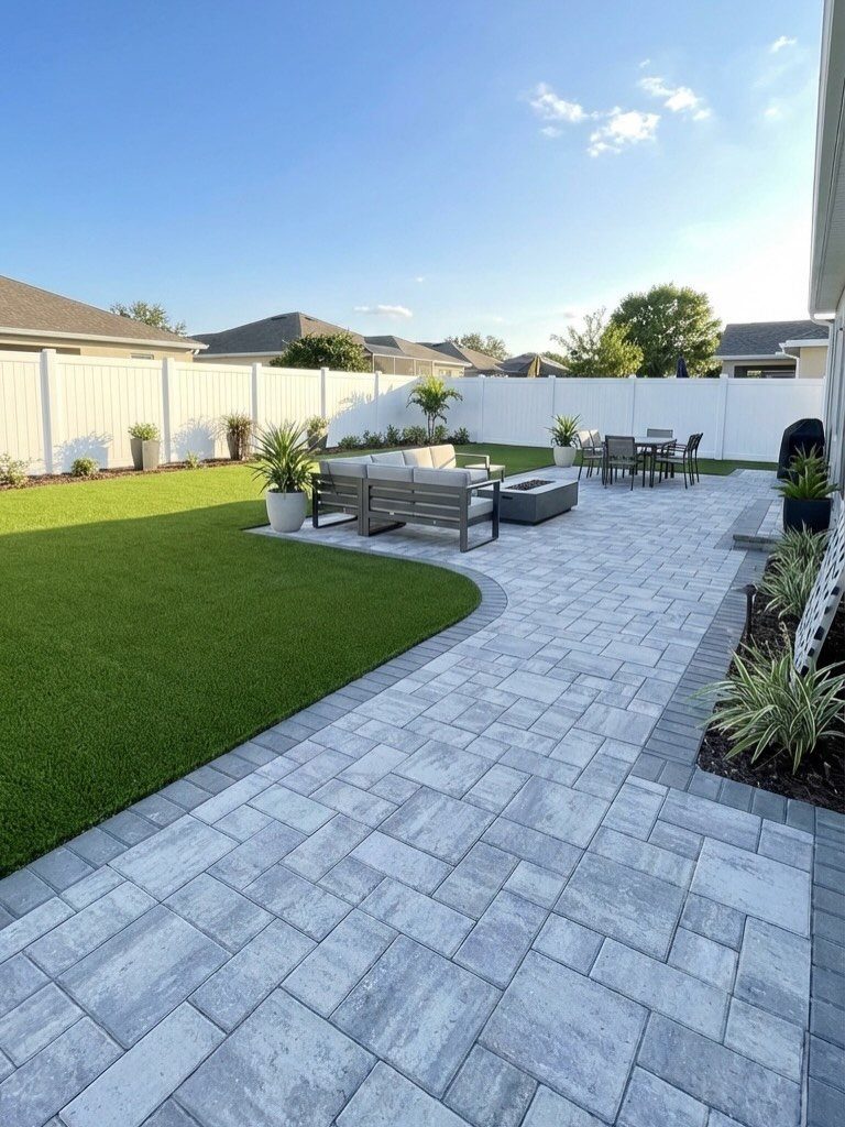 Grey stone pavers form a large patio area next to a manicured green lawn.