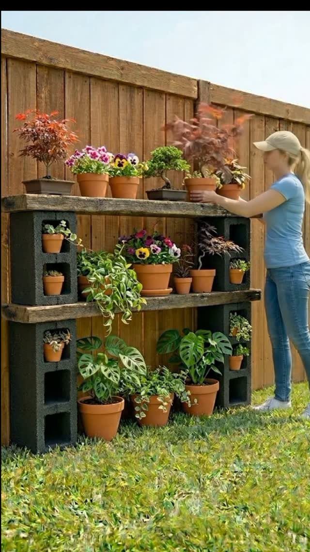 A woman arranging potted plants on a DIY cinder block and wood plant stand outdoors.