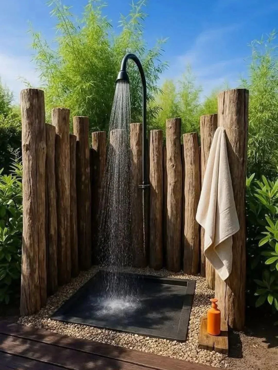 An outdoor shower with water spraying from a black fixture against a rustic wooden log privacy fence.
