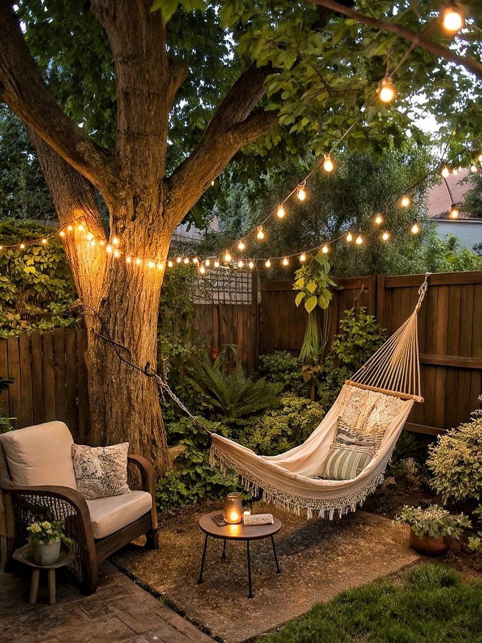A cream fringed hammock hangs between a large tree and a wooden fence in a lit backyard.
