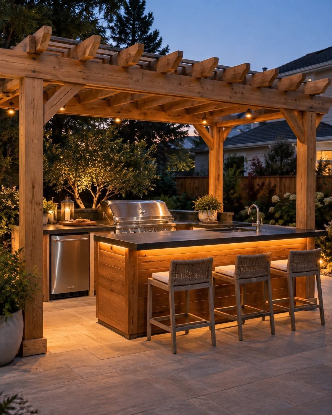 Wooden pergola with string lights over an outdoor kitchen and bar area at dusk.