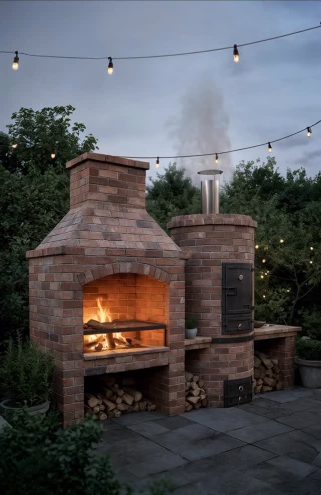 A large brick outdoor cooking structure with a burning fire pit and a built-in oven.