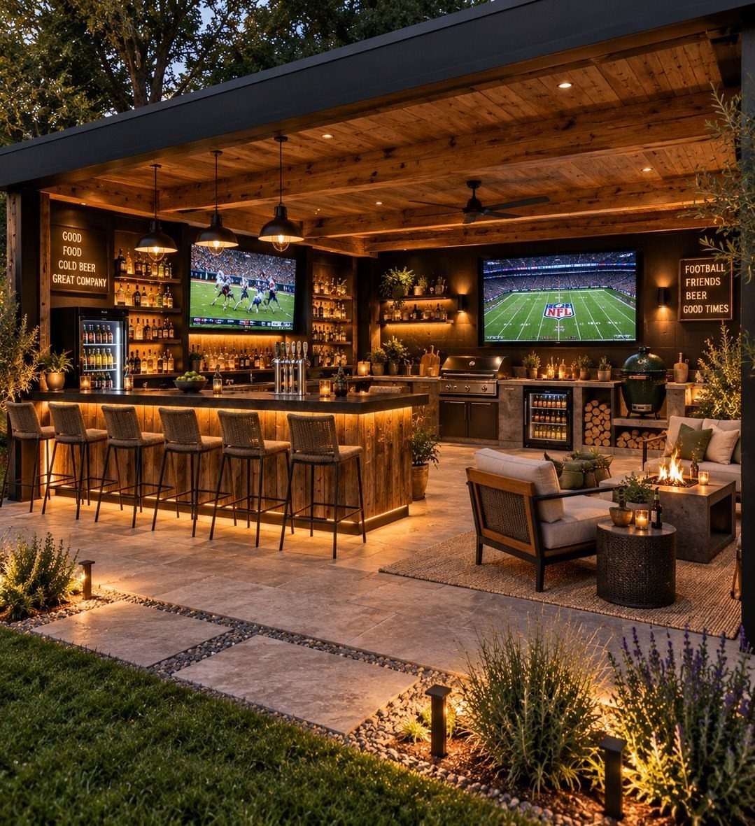 Luxurious outdoor kitchen with a bar, lounge area, and televisions under a wooden pavilion.