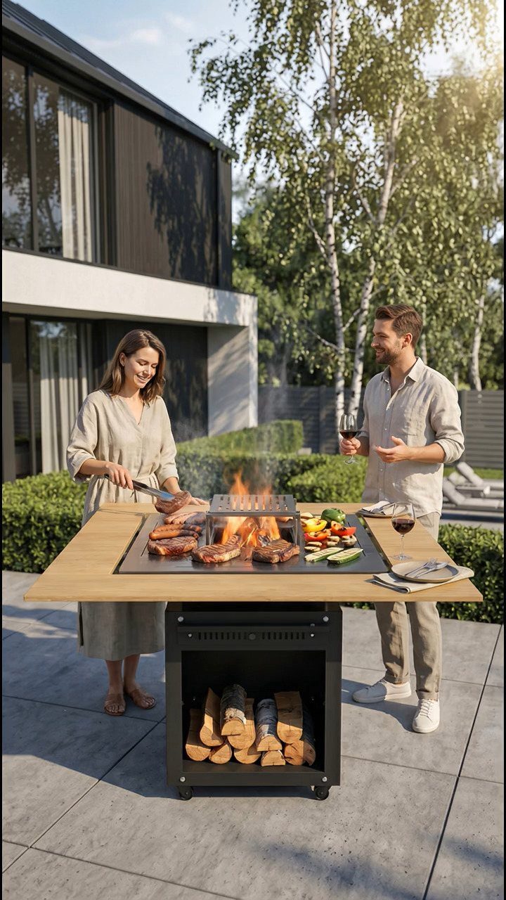 A man and woman cooking meat and vegetables over an open fire at an outdoor bar.