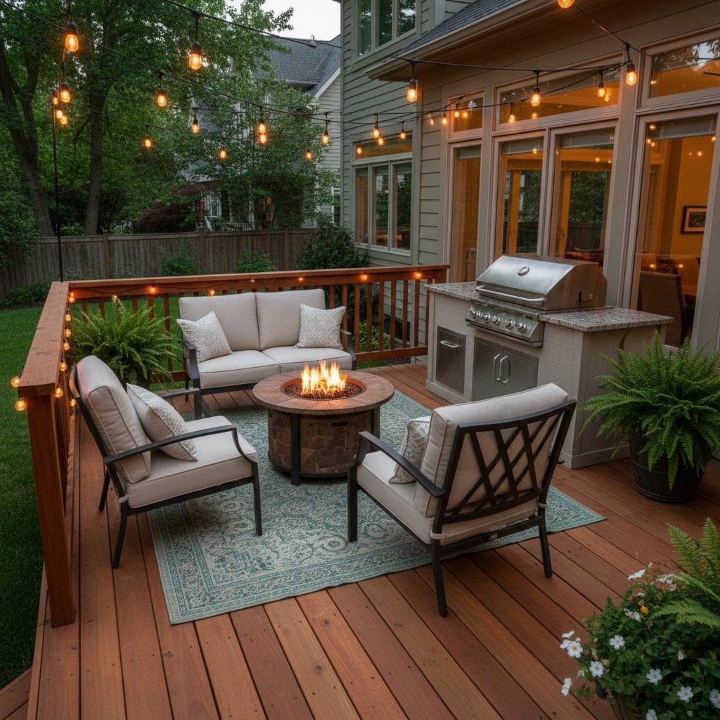 Wooden platform deck with a built-in grill, fire pit, and outdoor lounge seating under string lights.