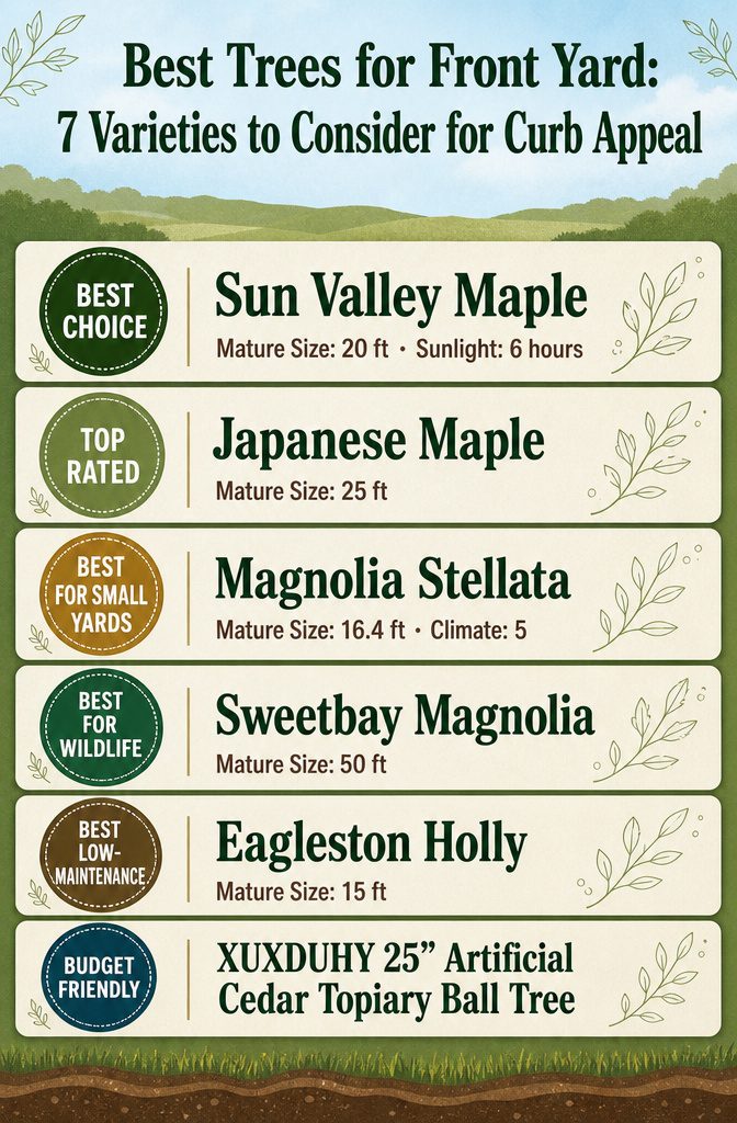Best Trees for Front Yard: 7 Varieties to Consider for Curb Appeal 2 An infographic comparing seven tree varieties for front yards