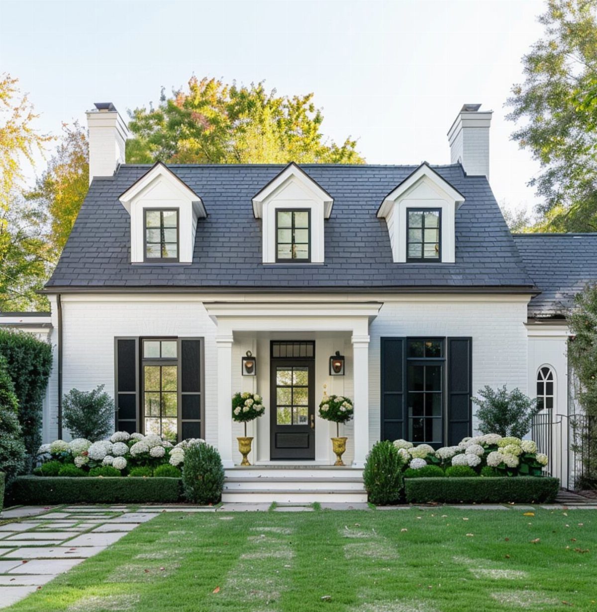 9 Cape Cod House Exterior Ideas for Curb Appeal 5 White brick Cape Cod house featuring large black-framed windows and three dormers under a dark roof.