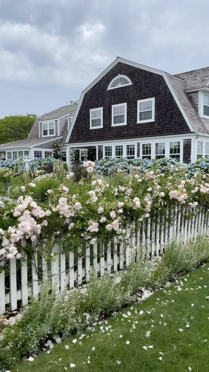 9 Cape Cod House Exterior Ideas for Curb Appeal 9 A dark shingled Cape Cod house with white trim behind a white picket fence and pink roses.