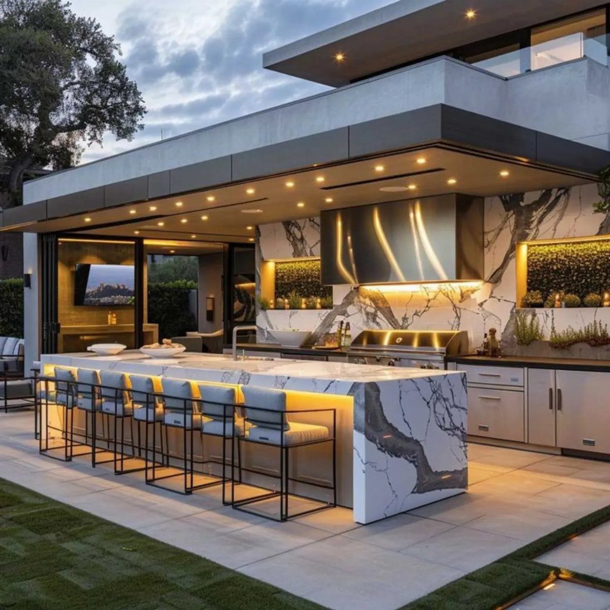 20 Covered Patio Ideas for Shade, Style and Year-Round Use 20 Modern outdoor kitchen with a marble built-in bar counter and white cushioned stools.