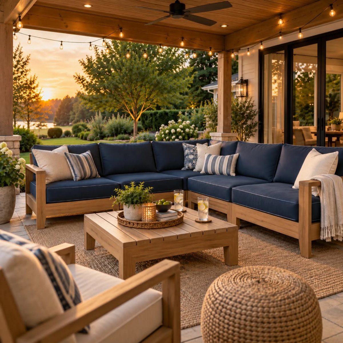 20 Covered Patio Ideas for Shade, Style and Year-Round Use 17 Navy blue sectional sofa with white accent pillows on a covered wooden patio at sunset.