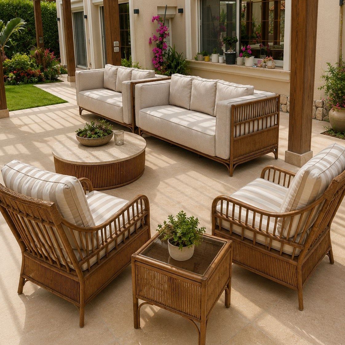 20 Covered Patio Ideas for Shade, Style and Year-Round Use 7 Wicker outdoor furniture set with light cushions arranged on a stone patio.
