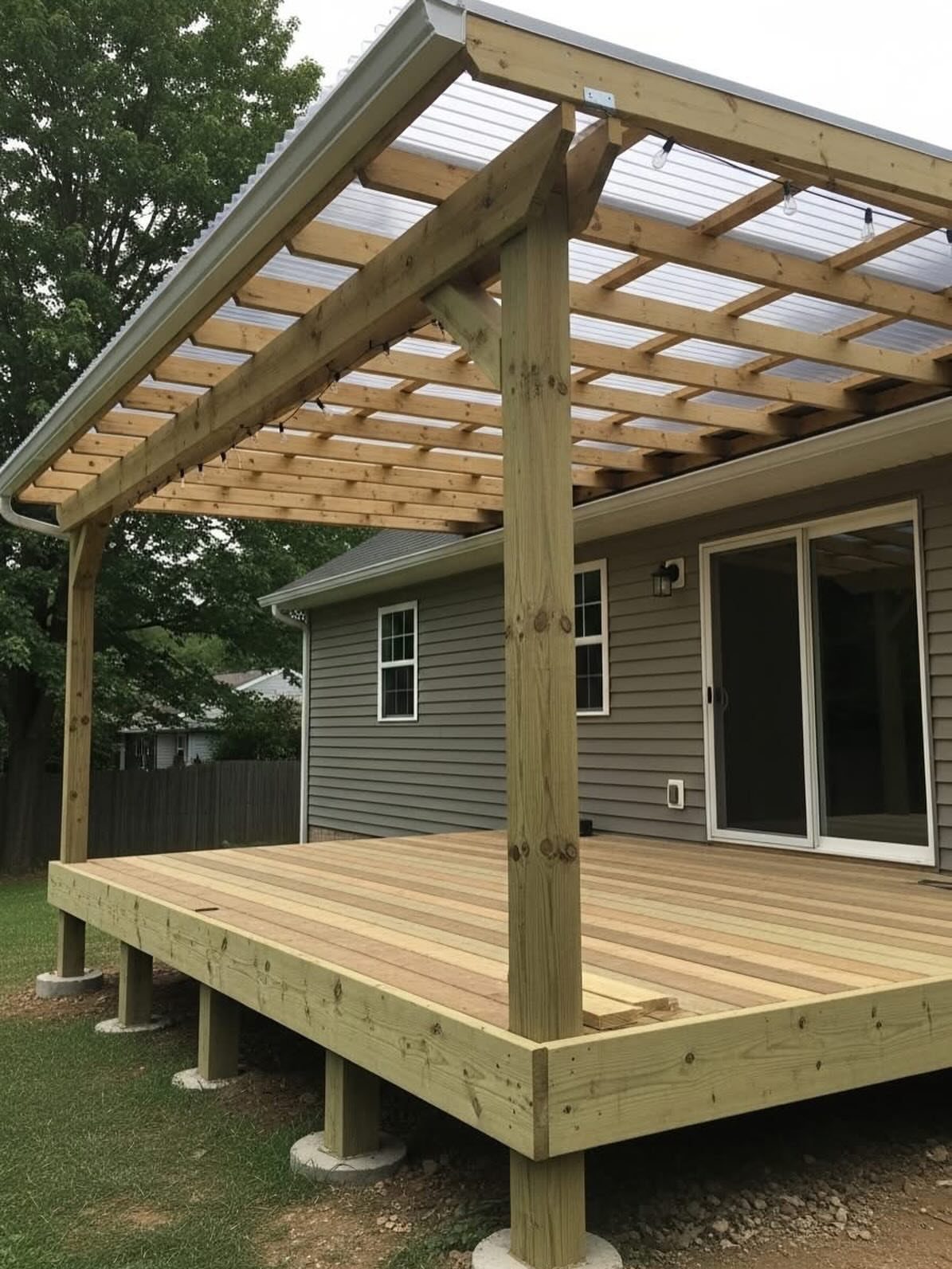 20 Covered Patio Ideas for Shade, Style and Year-Round Use 11 A large wooden deck with a timber frame roof structure attached to a grey house.