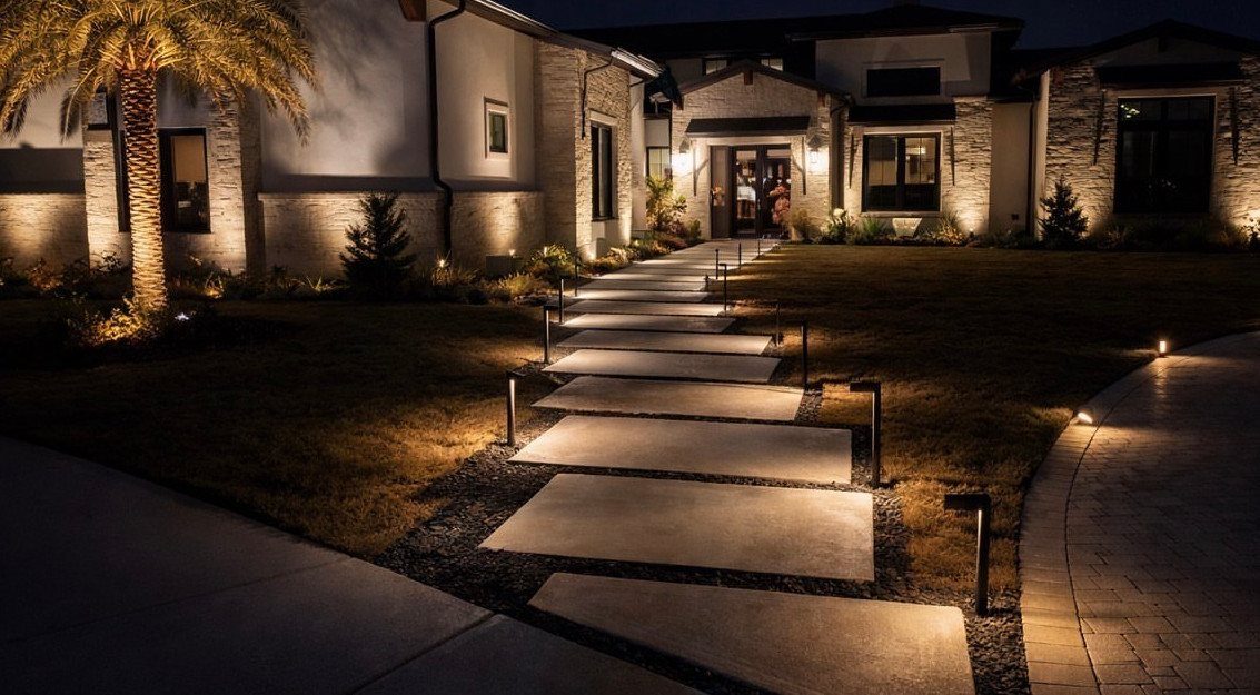 10 Curb Appeal Ideas for a Sharper Front Facade in 2026 2 Concrete pavers forming a walkway illuminated by small warm lights leading to a modern house at night.