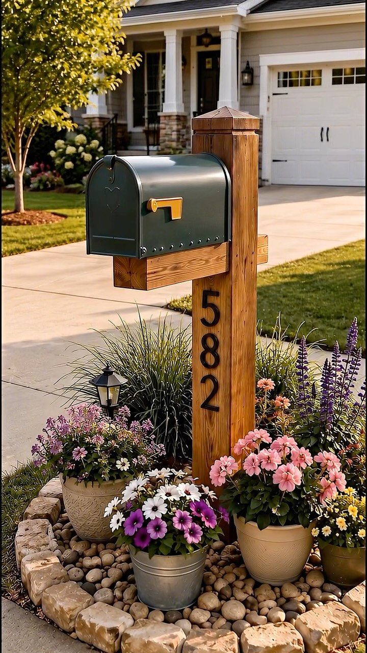 10 Curb Appeal Ideas for a Sharper Front Facade in 2026 3 A dark green mailbox on a wooden post surrounded by colorful potted flowers in a stone garden bed.