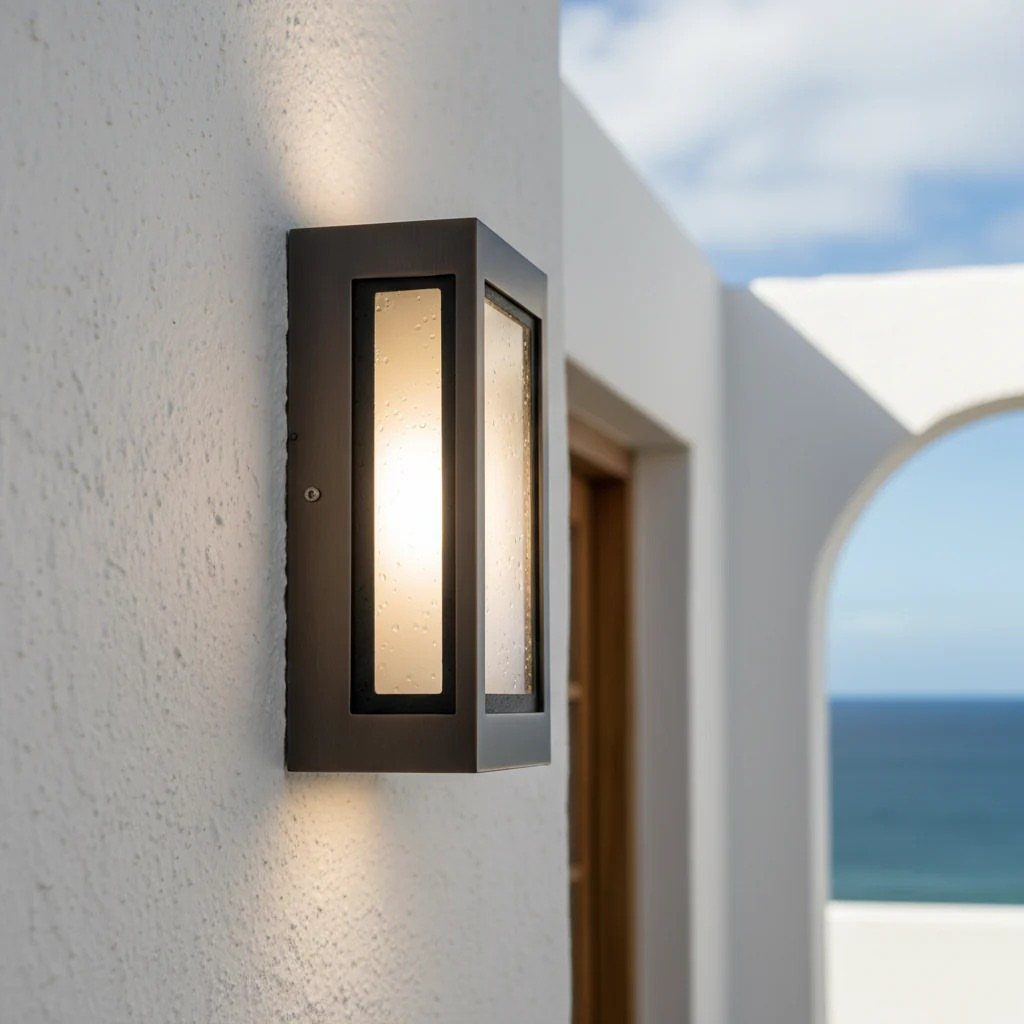 10 Curb Appeal Ideas for a Sharper Front Facade in 2026 10 A black rectangular outdoor wall light glowing on a white stucco wall near the ocean.