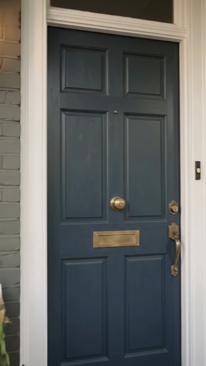 10 Curb Appeal Ideas for a Sharper Front Facade in 2026 4 A dark blue paneled front door with brass hardware and white door frame.