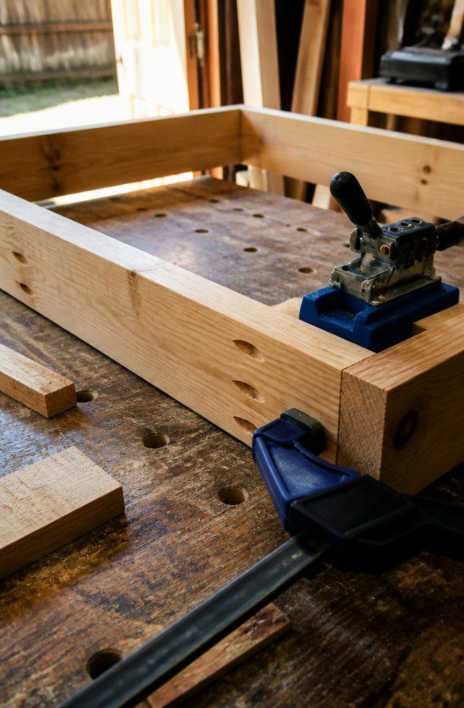 How to Build a DIY Outdoor Table: 6 Project Plans Explained 3 Close-up of a wooden frame assembly with clamps and pocket holes.