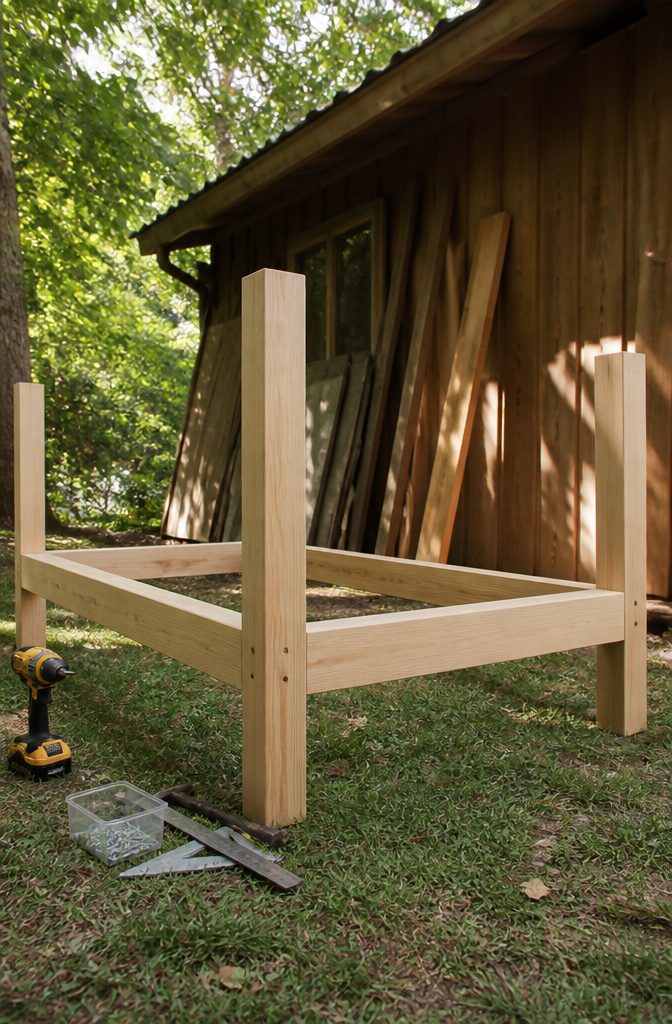 How to Build a DIY Outdoor Table: 6 Project Plans Explained 4 Legs being attached to a wooden table frame.