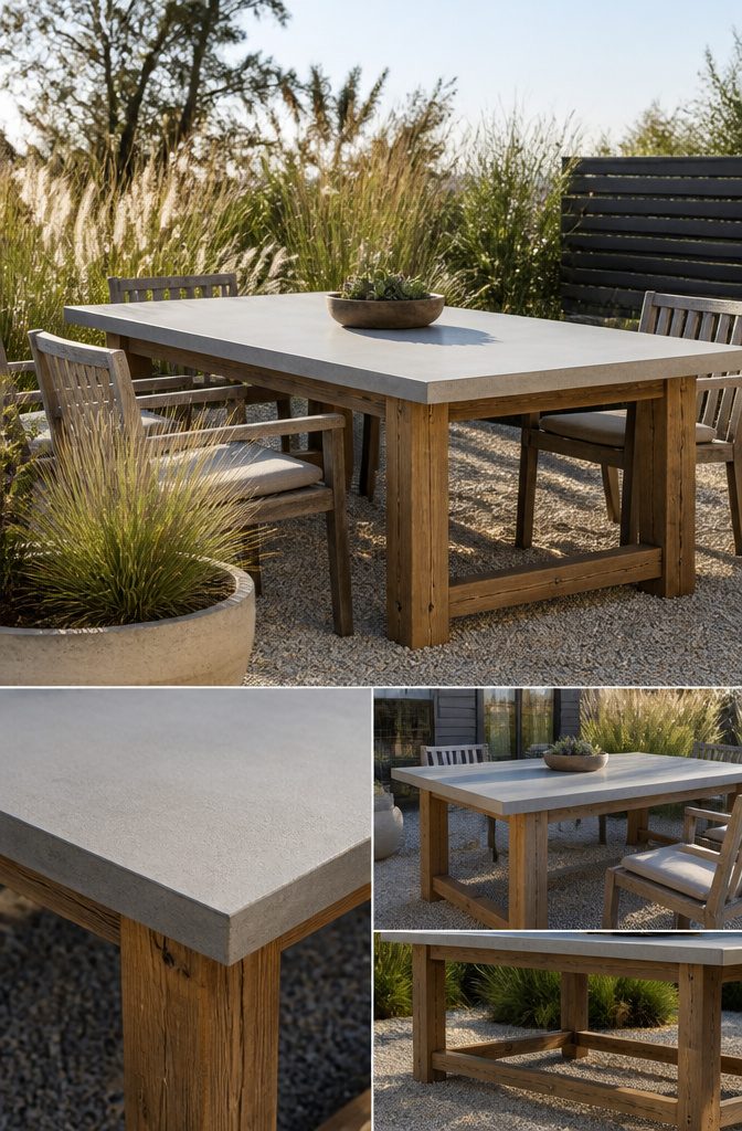 How to Build a DIY Outdoor Table: 6 Project Plans Explained 11 A table with a concrete top resting on a wooden frame.