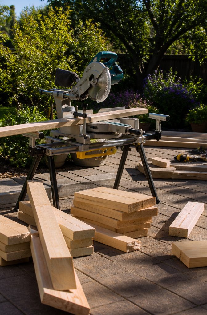 How to Build a DIY Outdoor Table: 6 Project Plans Explained 2 A miter saw in use on sawhorses with scattered lumber.