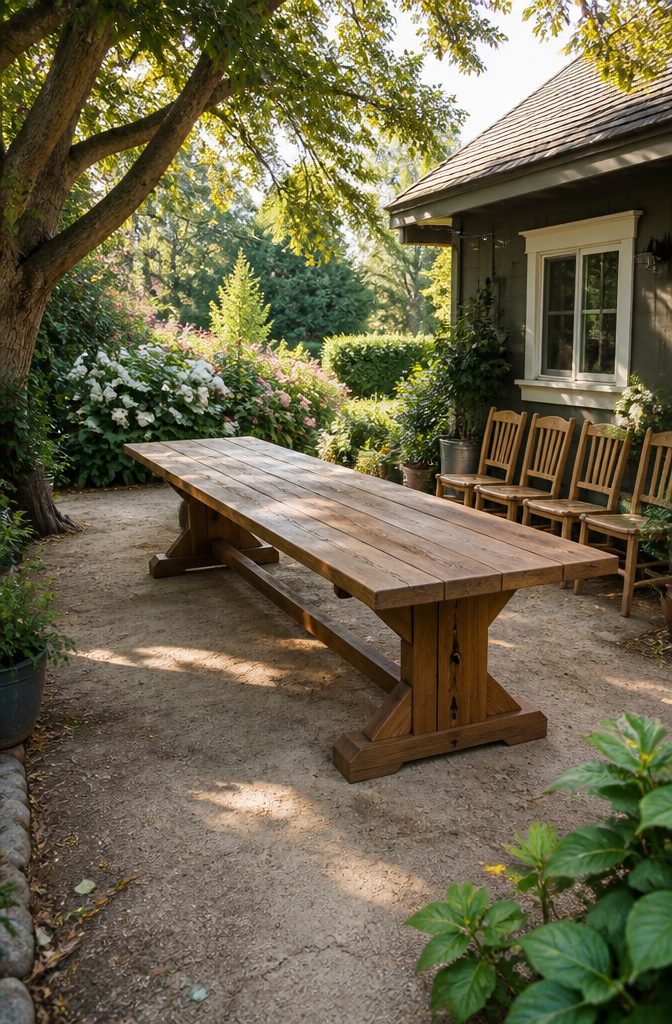 How to Build a DIY Outdoor Table: 6 Project Plans Explained 8 A 9.5-foot long farmhouse table set with chairs.