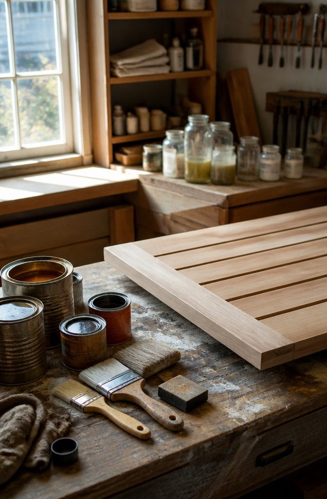 How to Build a DIY Outdoor Table: 6 Project Plans Explained 15 Workspace with spar urethane and wood stains for finishing wood.
