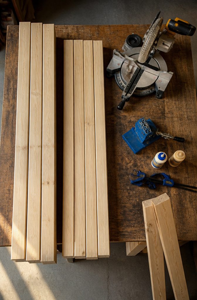 How to Build a DIY Outdoor Table: 6 Project Plans Explained 1 Cedar and redwood lumber prepared for an outdoor table.