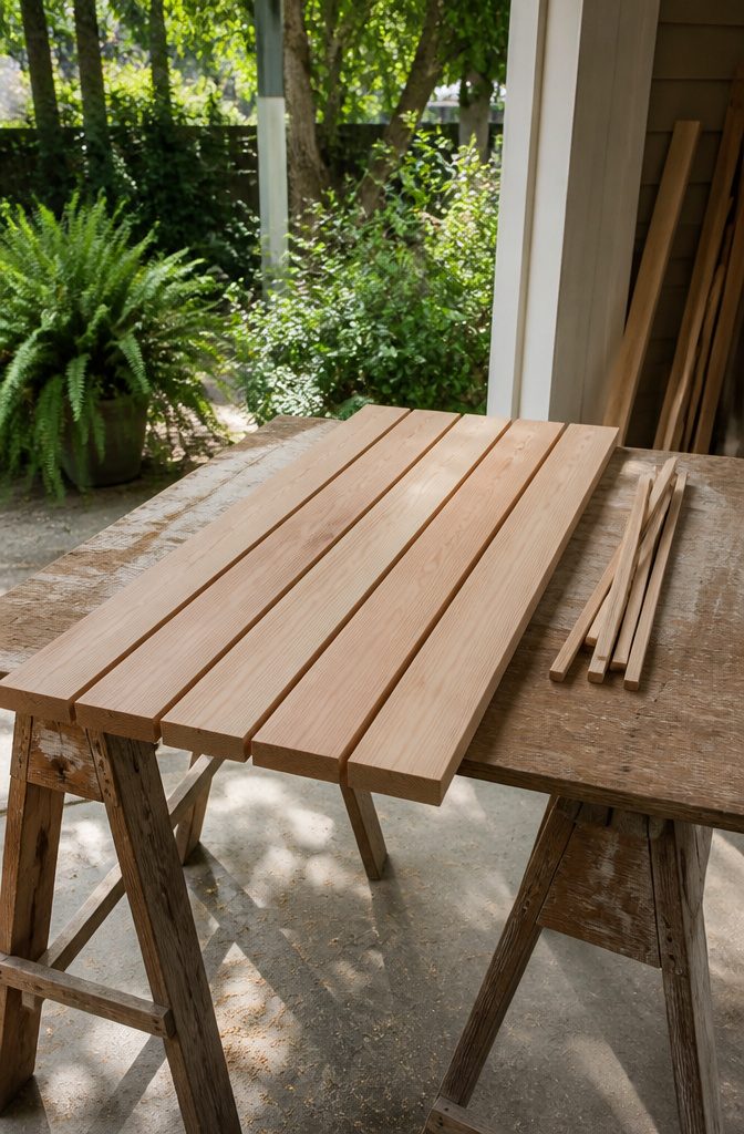 How to Build a DIY Outdoor Table: 6 Project Plans Explained 5 Top view of slats arranged for a wooden table with gaps.