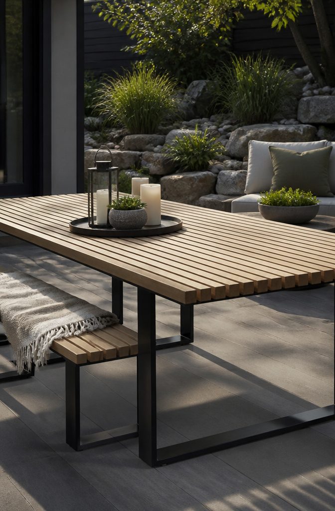 How to Build a DIY Outdoor Table: 6 Project Plans Explained 9 A modern slatted table on a chic patio.