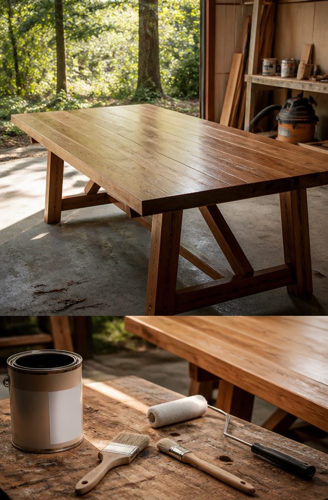 How to Build a DIY Outdoor Table: 6 Project Plans Explained 6 Workspace with tools for sanding and finishing outdoor wood.