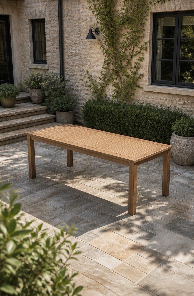 How to Build a DIY Outdoor Table: 6 Project Plans Explained 7 A 72x30 inch rectangular outdoor table in a patio.