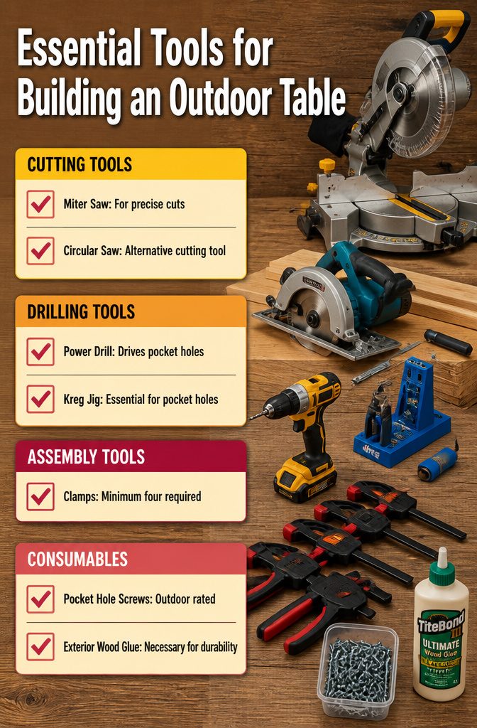 How to Build a DIY Outdoor Table: 6 Project Plans Explained 13 Tools including a miter saw, drill, and Kreg Jig for table building.